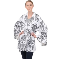 Line Art Black And White Rose Long Sleeve Velvet Kimono  by MintanArt