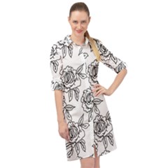 Line Art Black And White Rose Long Sleeve Mini Shirt Dress by MintanArt