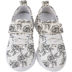 Line Art Black And White Rose Kids  Velcro Strap Shoes