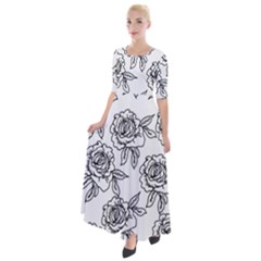 Line Art Black And White Rose Half Sleeves Maxi Dress by MintanArt