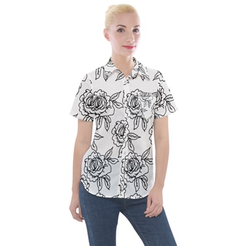 Line Art Black And White Rose Women s Short Sleeve Pocket Shirt by MintanArt