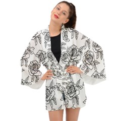 Line Art Black And White Rose Long Sleeve Kimono by MintanArt