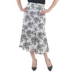 Line Art Black And White Rose Midi Mermaid Skirt by MintanArt