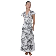 Line Art Black And White Rose Flutter Sleeve Maxi Dress by MintanArt