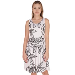 Line Art Black And White Rose Knee Length Skater Dress With Pockets