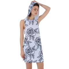 Line Art Black And White Rose Racer Back Hoodie Dress by MintanArt