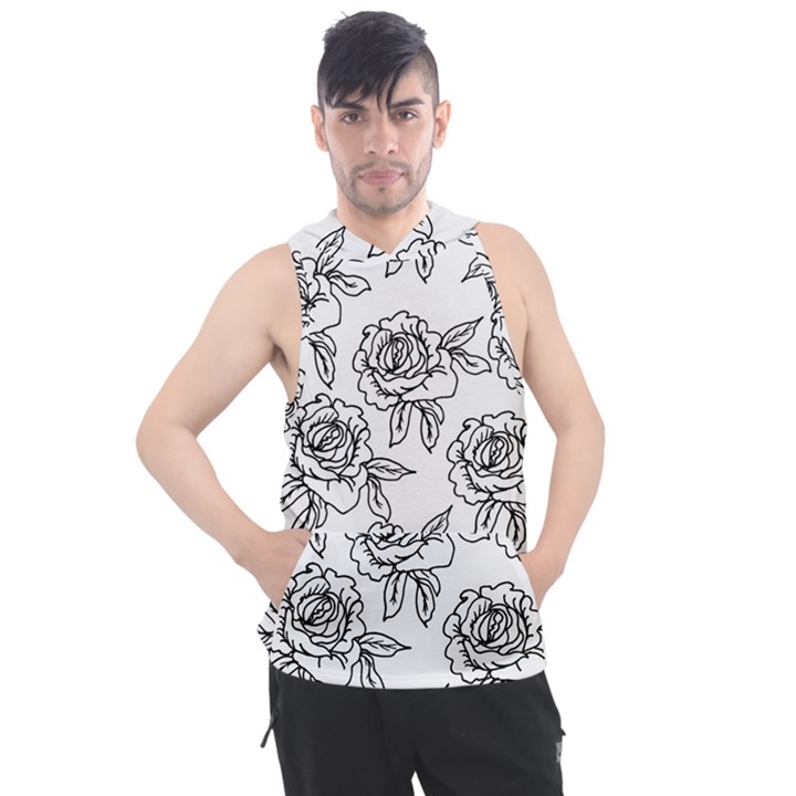 Line Art Black And White Rose Men s Sleeveless Hoodie