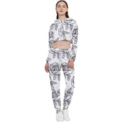 Line Art Black And White Rose Cropped Zip Up Lounge Set