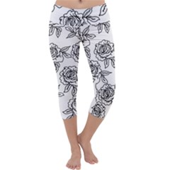 Line Art Black And White Rose Capri Yoga Leggings