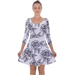 Line Art Black And White Rose Quarter Sleeve Skater Dress