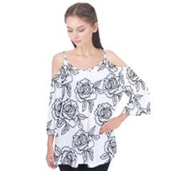 Line Art Black And White Rose Flutter Tees