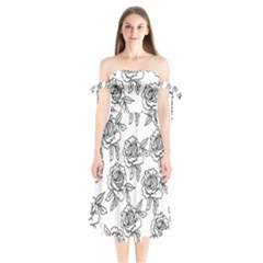 Line Art Black And White Rose Shoulder Tie Bardot Midi Dress