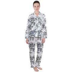 Line Art Black And White Rose Satin Long Sleeve Pajamas Set by MintanArt