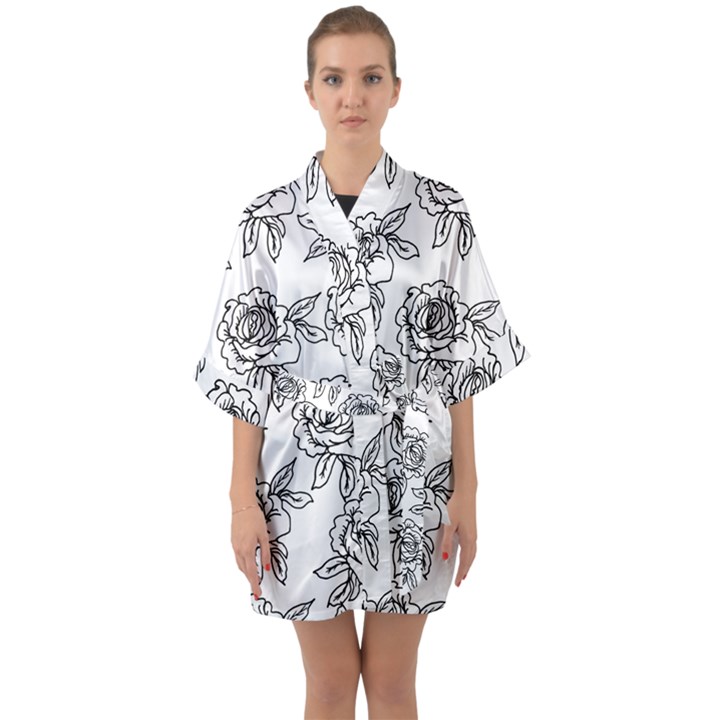 Line Art Black And White Rose Half Sleeve Satin Kimono 