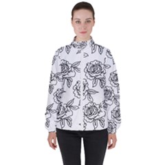 Line Art Black And White Rose Women s High Neck Windbreaker by MintanArt