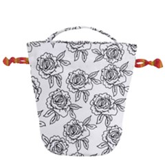 Line Art Black And White Rose Drawstring Bucket Bag