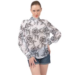 Line Art Black And White Rose High Neck Long Sleeve Chiffon Top by MintanArt