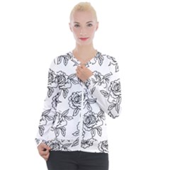 Line Art Black And White Rose Casual Zip Up Jacket