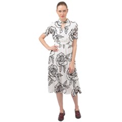 Line Art Black And White Rose Keyhole Neckline Chiffon Dress