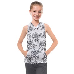 Line Art Black And White Rose Kids  Sleeveless Hoodie by MintanArt