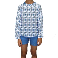 Blue Floral Pattern Kids  Long Sleeve Swimwear by MintanArt