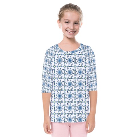 Blue Floral Pattern Kids  Quarter Sleeve Raglan Tee by MintanArt