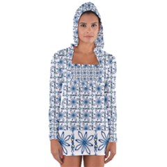 Blue Floral Pattern Long Sleeve Hooded T-shirt by MintanArt