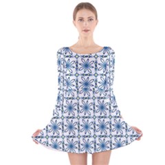 Blue Floral Pattern Long Sleeve Velvet Skater Dress