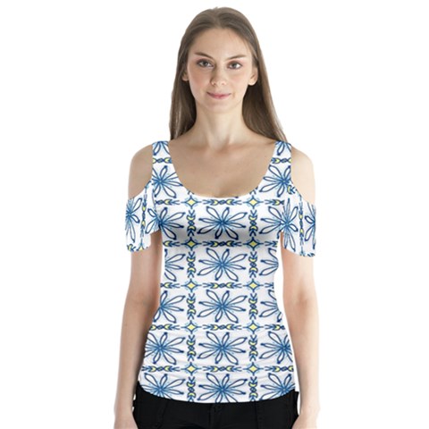 Blue Floral Pattern Butterfly Sleeve Cutout Tee  by MintanArt