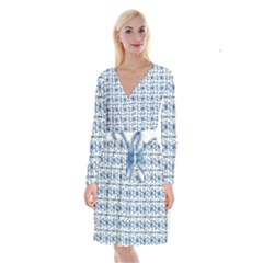 Blue Floral Pattern Long Sleeve Velvet Front Wrap Dress by MintanArt