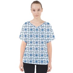 Blue Floral Pattern V-neck Dolman Drape Top by MintanArt