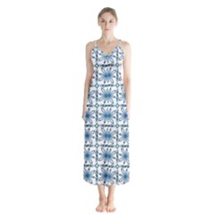 Blue Floral Pattern Button Up Chiffon Maxi Dress by MintanArt