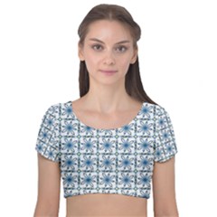 Blue Floral Pattern Velvet Short Sleeve Crop Top  by MintanArt