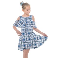 Blue Floral Pattern Kids  Shoulder Cutout Chiffon Dress by MintanArt