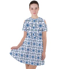 Blue Floral Pattern Short Sleeve Shoulder Cut Out Dress  by MintanArt