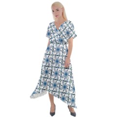 Blue Floral Pattern Cross Front Sharkbite Hem Maxi Dress by MintanArt