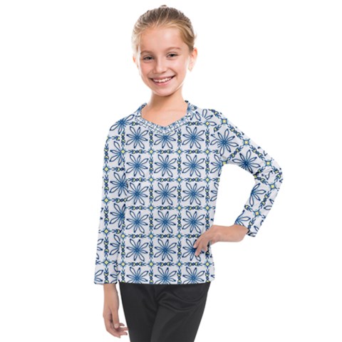 Blue Floral Pattern Kids  Long Mesh Tee by MintanArt