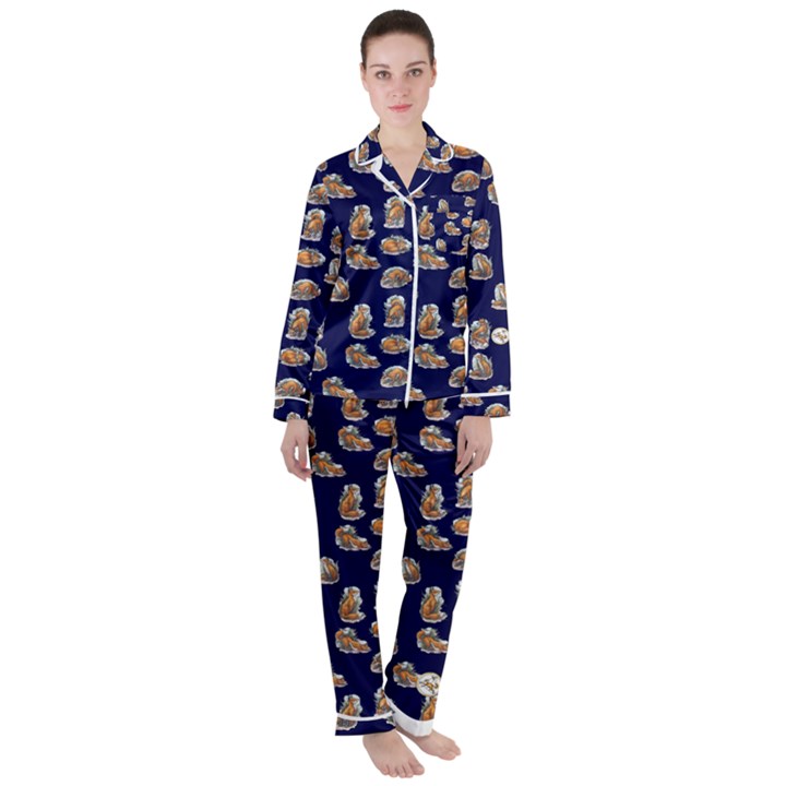 Little Fox - Navy - by LaRenard Satin Long Sleeve Pajamas Set