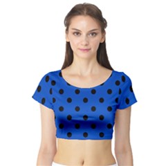 Large Black Polka Dots On Absolute Zero Blue - Short Sleeve Crop Top by FashionLane