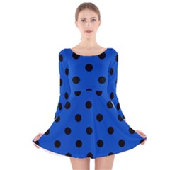 Large Black Polka Dots On Absolute Zero Blue - Long Sleeve Velvet Skater Dress by FashionLane