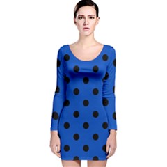 Large Black Polka Dots On Absolute Zero Blue - Long Sleeve Velvet Bodycon Dress by FashionLane