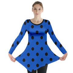 Large Black Polka Dots On Absolute Zero Blue - Long Sleeve Tunic  by FashionLane