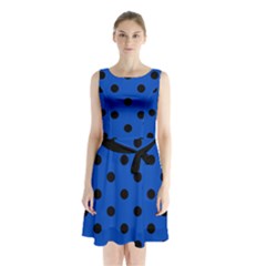 Large Black Polka Dots On Absolute Zero Blue - Sleeveless Waist Tie Chiffon Dress by FashionLane