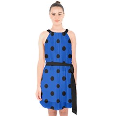 Large Black Polka Dots On Absolute Zero Blue - Halter Collar Waist Tie Chiffon Dress by FashionLane