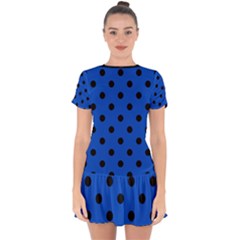 Large Black Polka Dots On Absolute Zero Blue - Drop Hem Mini Chiffon Dress by FashionLane