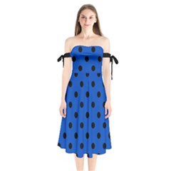 Large Black Polka Dots On Absolute Zero Blue - Shoulder Tie Bardot Midi Dress by FashionLane