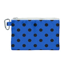 Large Black Polka Dots On Absolute Zero Blue - Canvas Cosmetic Bag (medium) by FashionLane