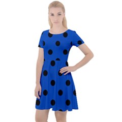 Large Black Polka Dots On Absolute Zero Blue - Cap Sleeve Velour Dress  by FashionLane