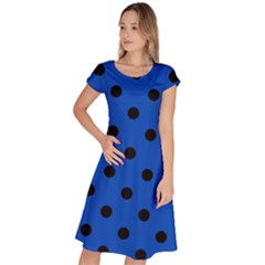 Large Black Polka Dots On Absolute Zero Blue - Classic Short Sleeve Dress by FashionLane