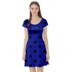 Large Black Polka Dots On Admiral Blue - Short Sleeve Skater Dress by FashionLane